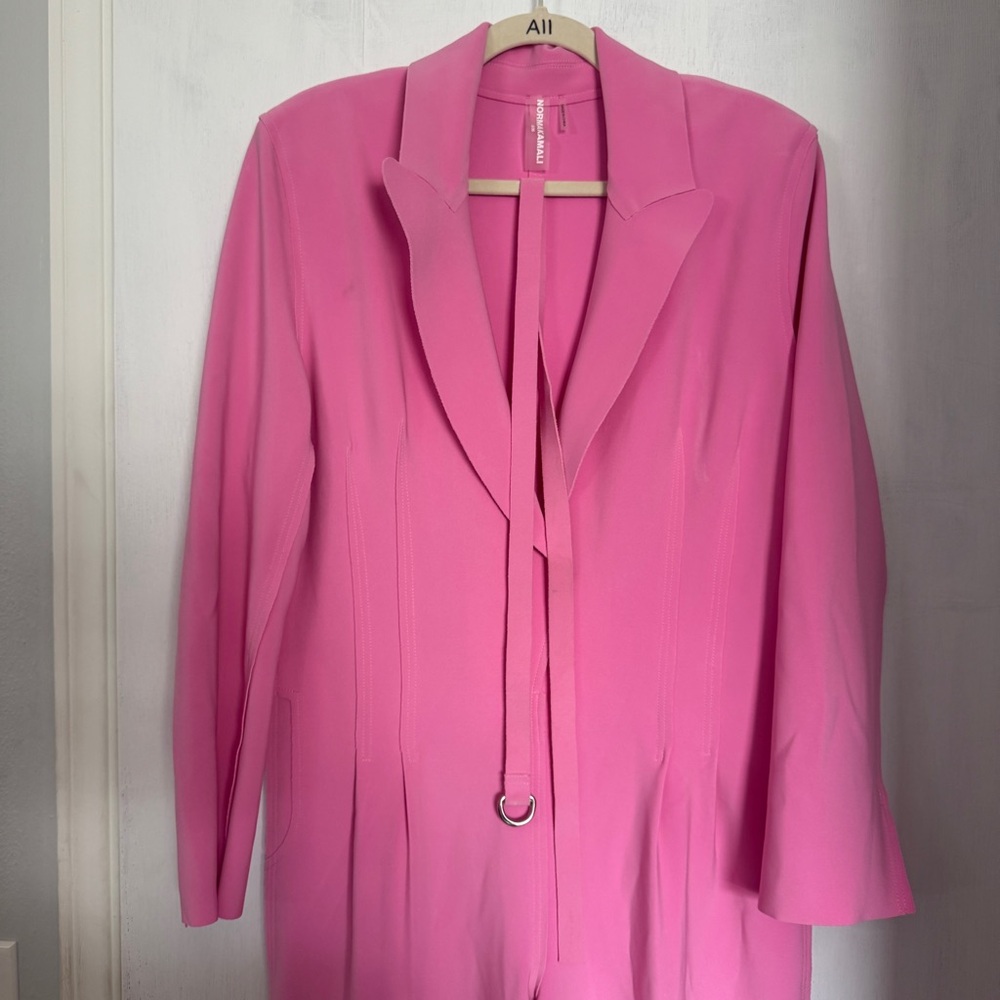 Norma Kamali Single Breasted Straight Leg Jumpsuit in Candy Pink Long Sleeve - Picture 3 of 8